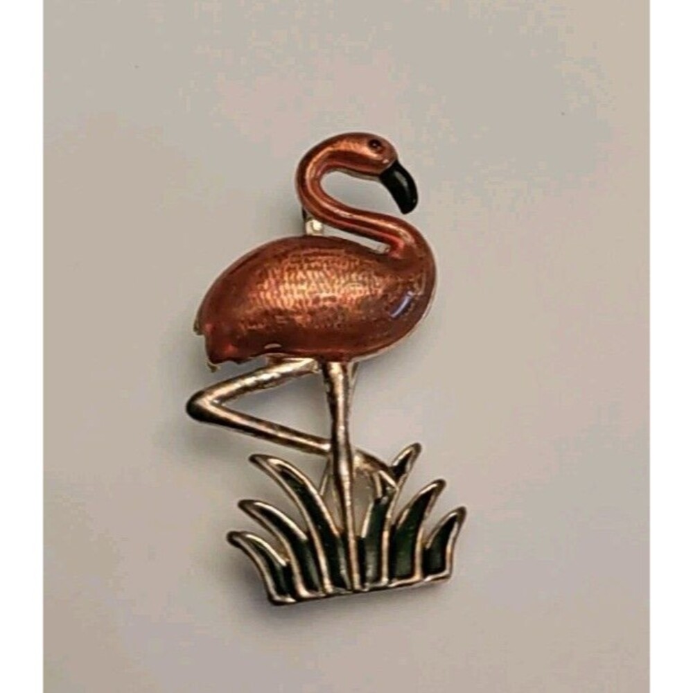 MJ Enamel Flamingo Brooch/Pendant Vintage 1.75"